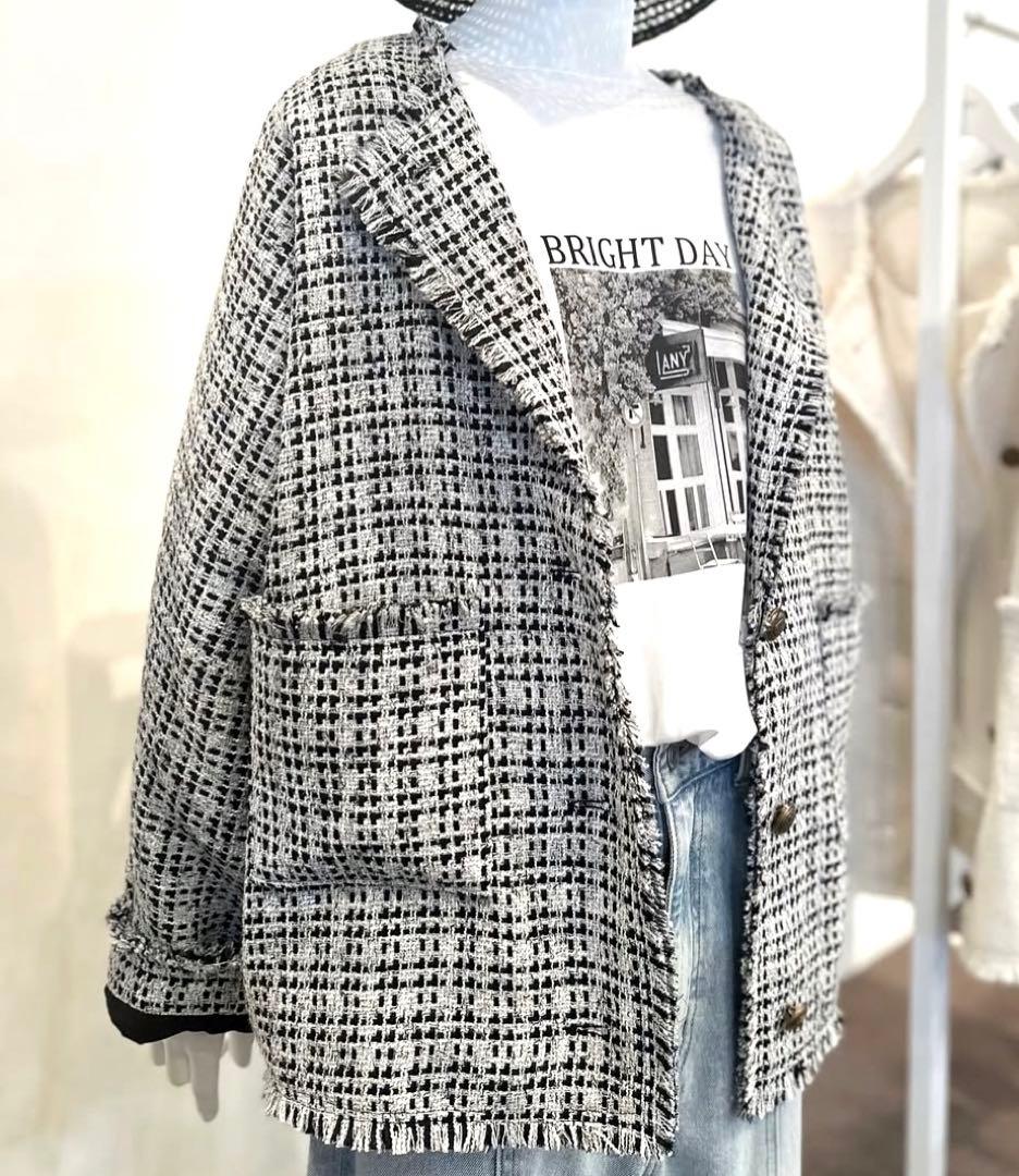 Dignite collierノーカラーツイードジャケット