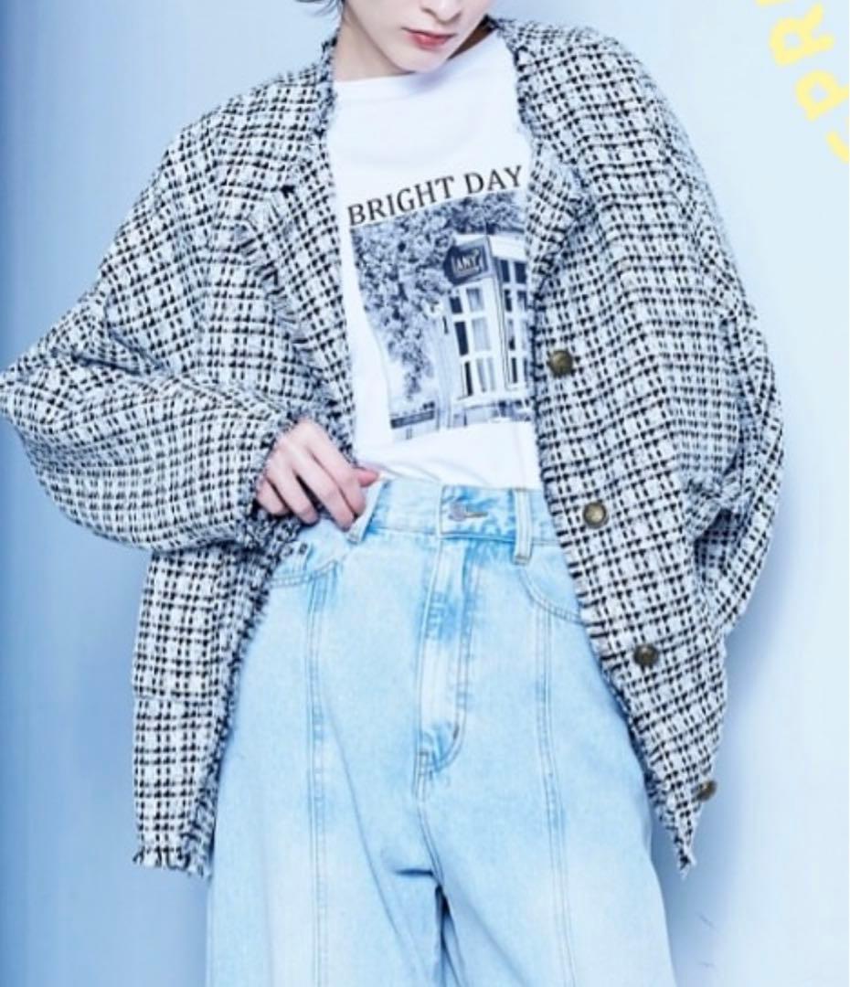 Dignite collierノーカラーツイードジャケット