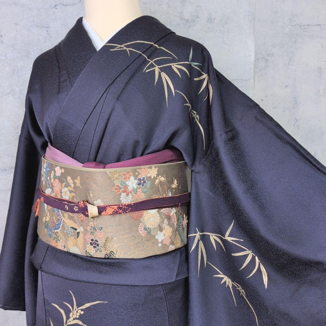 訪問着　フルセット　着物　正絹　暗紫　花　金彩加工　トールサイズ　しつけ糸E1