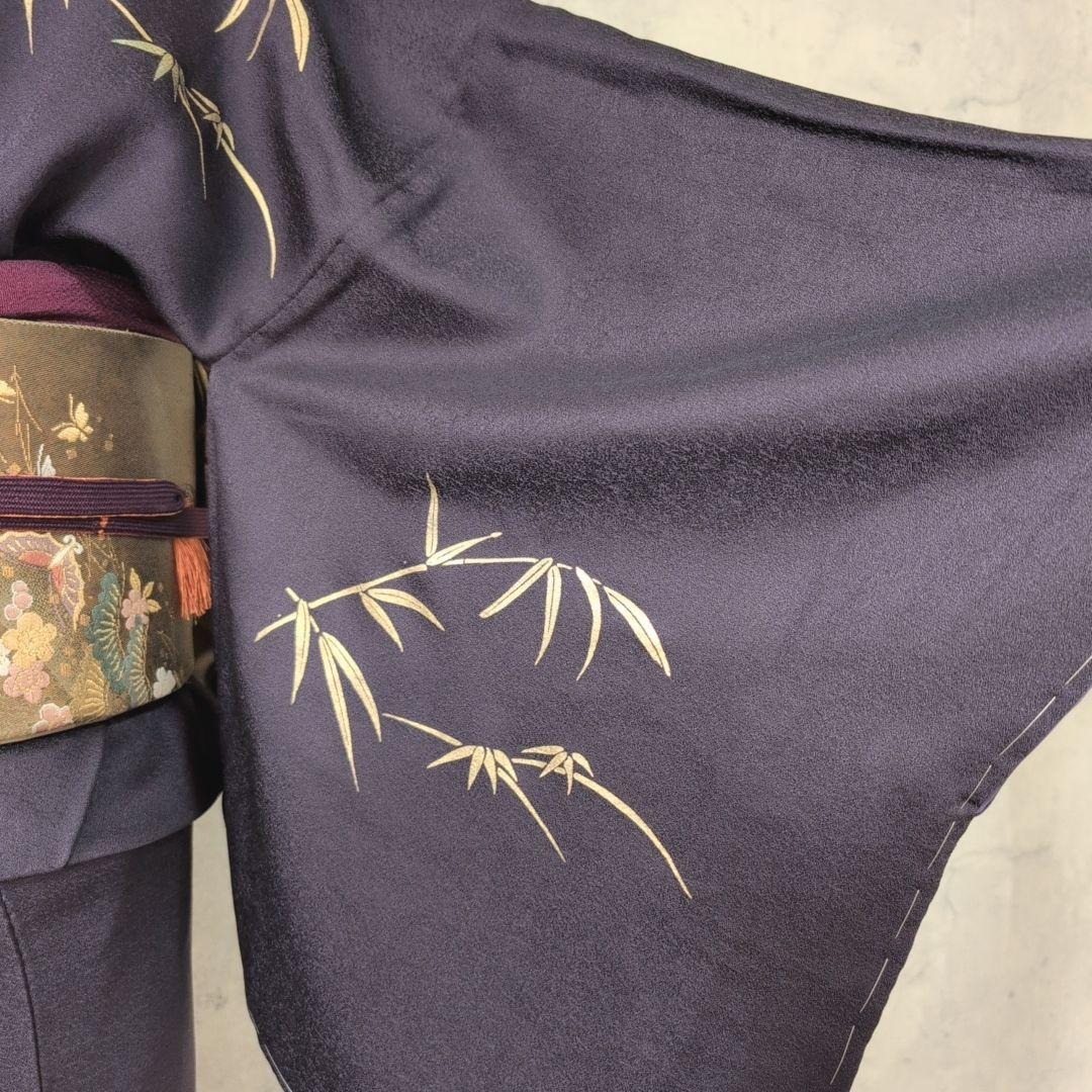 訪問着　フルセット　着物　正絹　暗紫　花　金彩加工　トールサイズ　しつけ糸E1