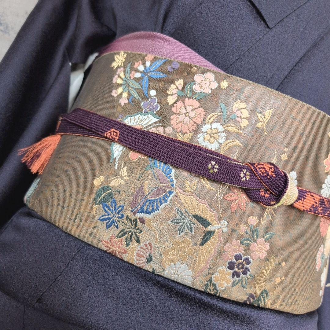 訪問着　フルセット　着物　正絹　暗紫　花　金彩加工　トールサイズ　しつけ糸E1