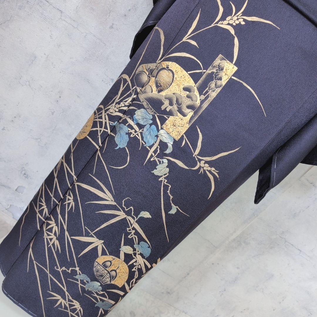 訪問着　フルセット　着物　正絹　暗紫　花　金彩加工　トールサイズ　しつけ糸E1