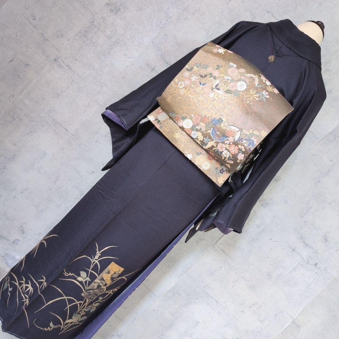 訪問着　フルセット　着物　正絹　暗紫　花　金彩加工　トールサイズ　しつけ糸E1
