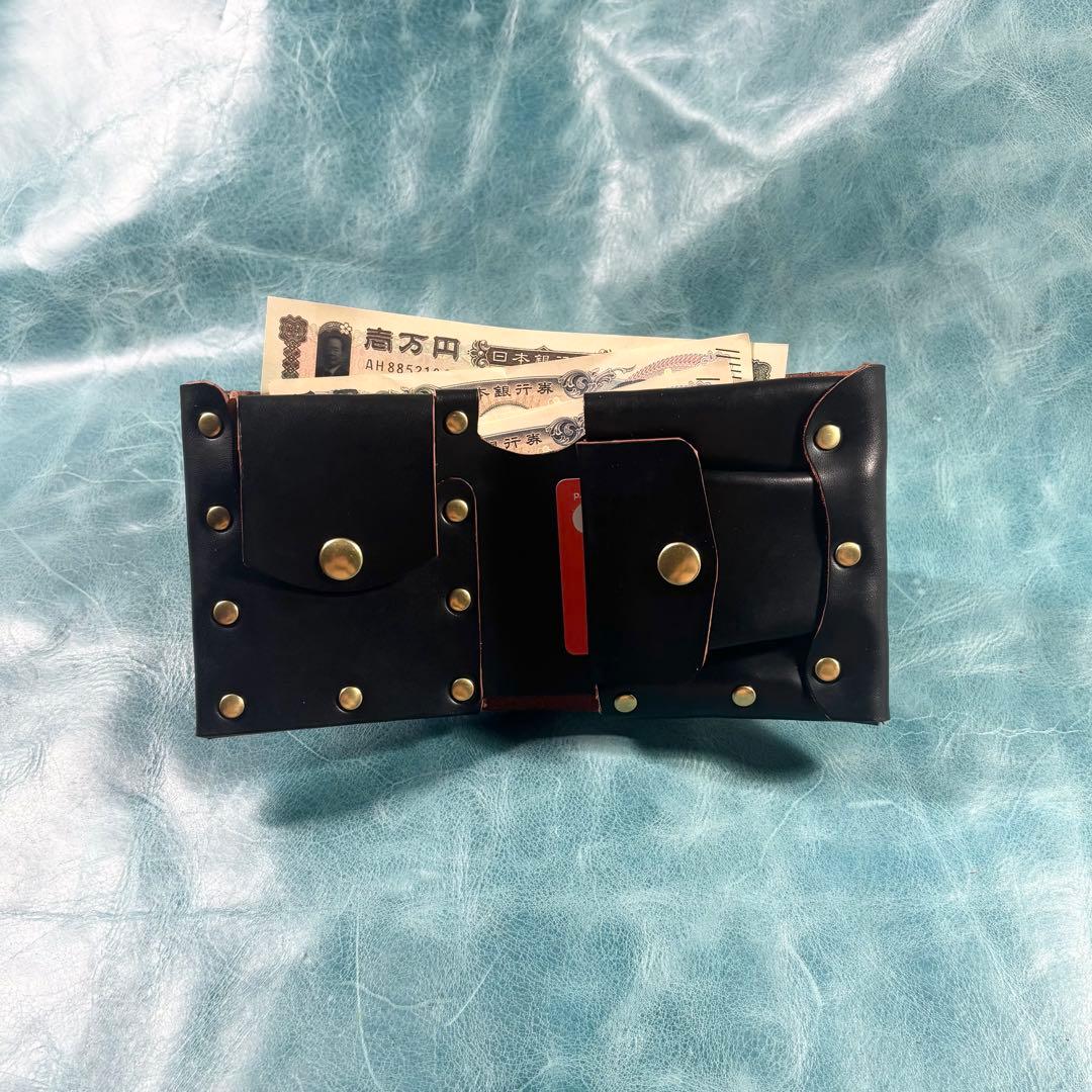 ハンドメイド　二つ折り　革財布　ステアハイド　黒色　真鍮　cx-hw-000re