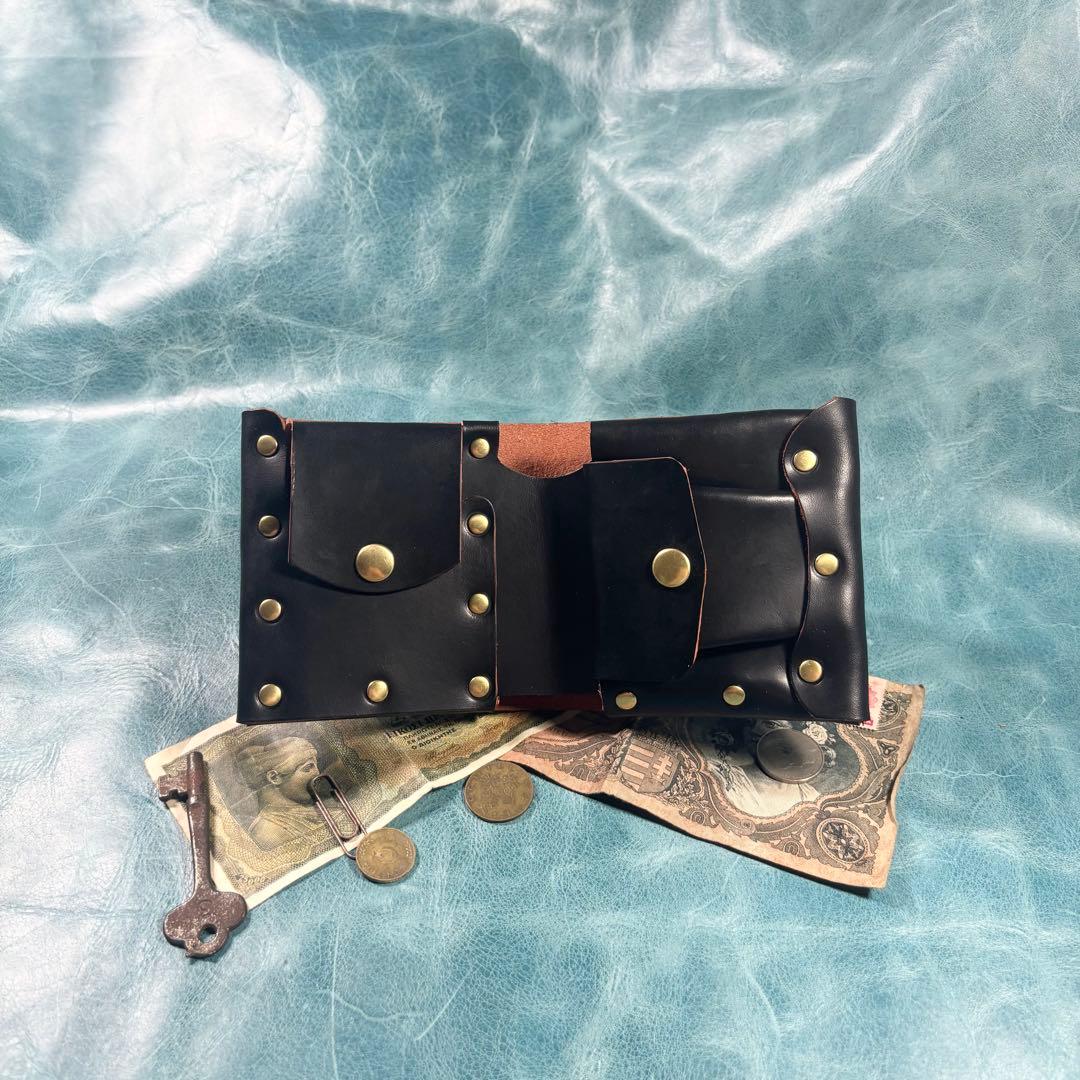 ハンドメイド　二つ折り　革財布　ステアハイド　黒色　真鍮　cx-hw-000re