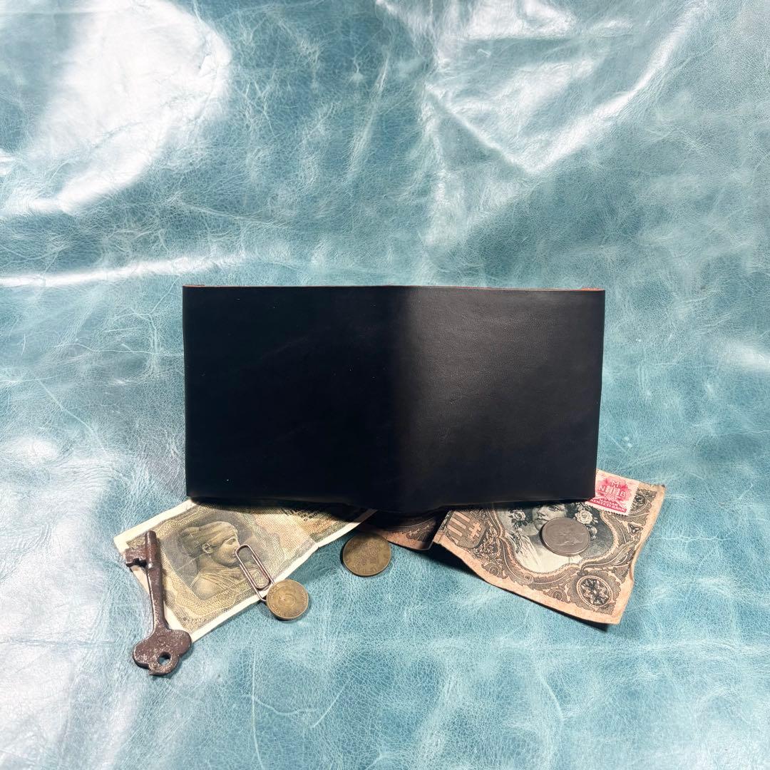 ハンドメイド　二つ折り　革財布　ステアハイド　黒色　真鍮　cx-hw-000re