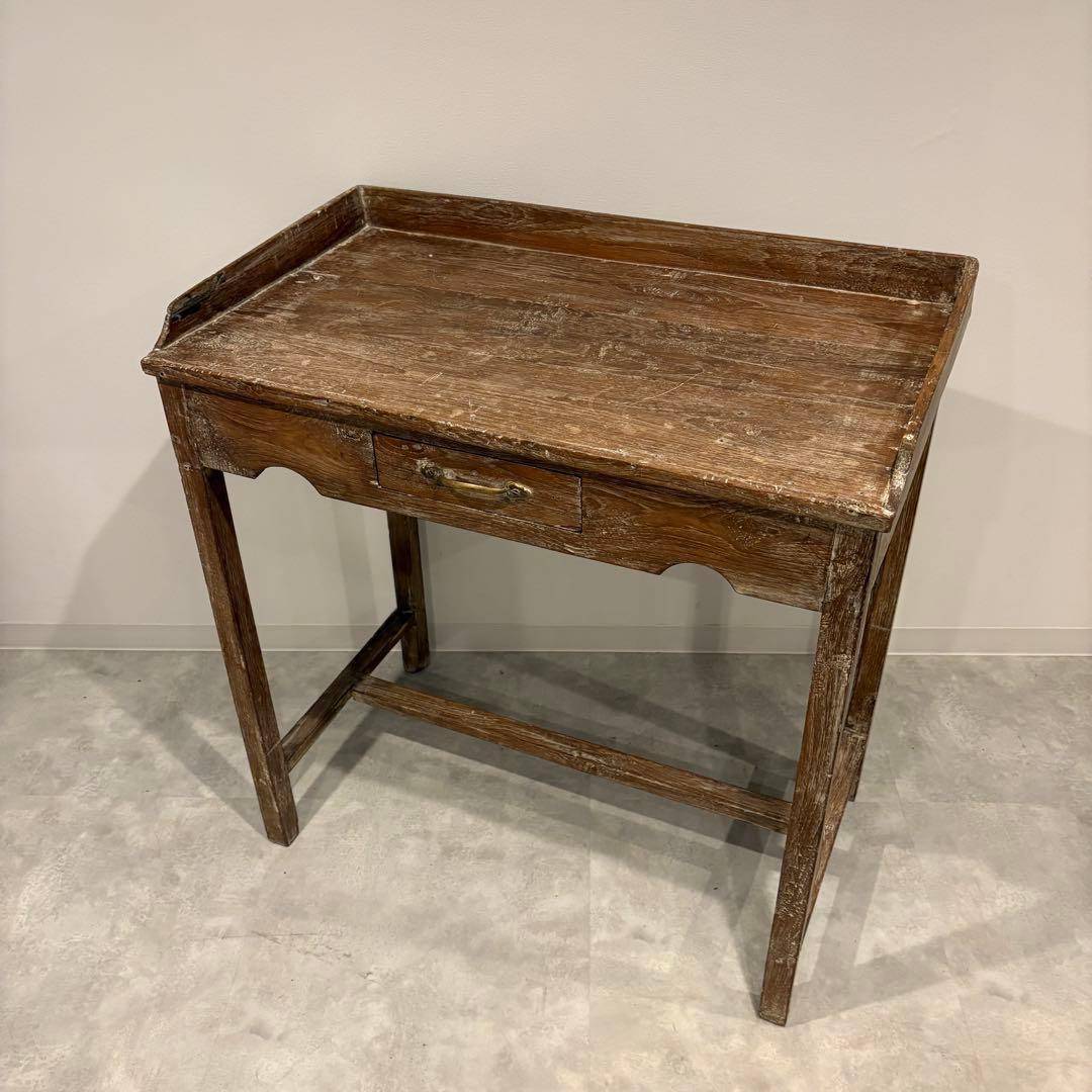 木製作業机 引き出しアンティーク デスク 昭和レトロ　シャビー　ホワイトワックス