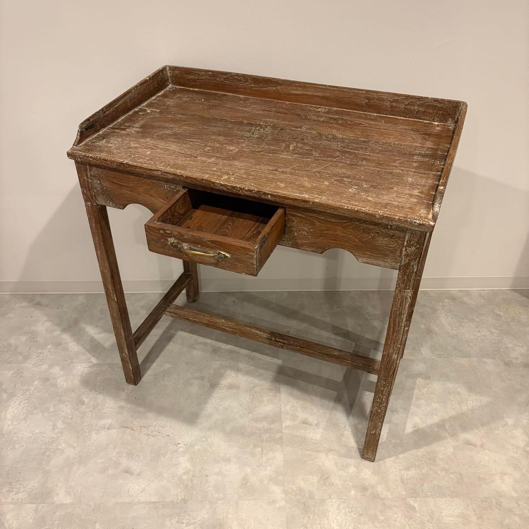 木製作業机 引き出しアンティーク デスク 昭和レトロ　シャビー　ホワイトワックス