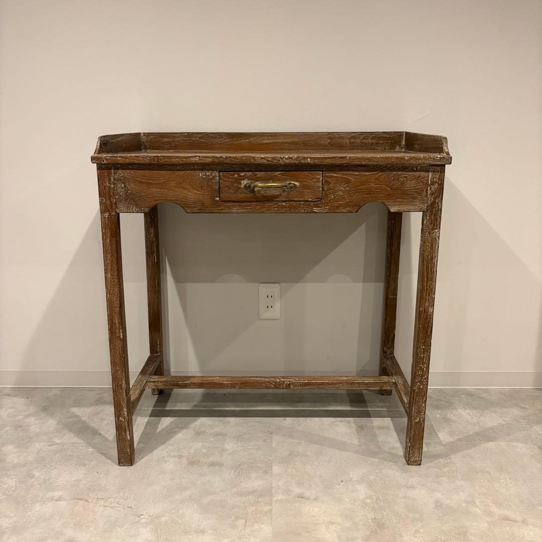 木製作業机 引き出しアンティーク デスク 昭和レトロ　シャビー　ホワイトワックス