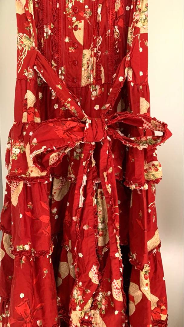 週末値下◆ピンクハウス◆ストロベリーハット　プリント ティアードワンピース　赤