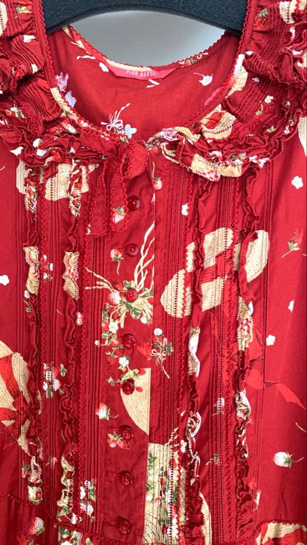 週末値下◆ピンクハウス◆ストロベリーハット　プリント ティアードワンピース　赤