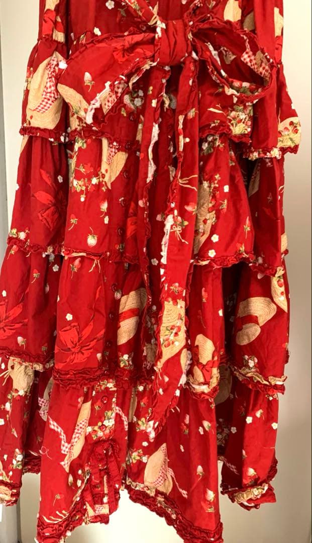 週末値下◆ピンクハウス◆ストロベリーハット　プリント ティアードワンピース　赤