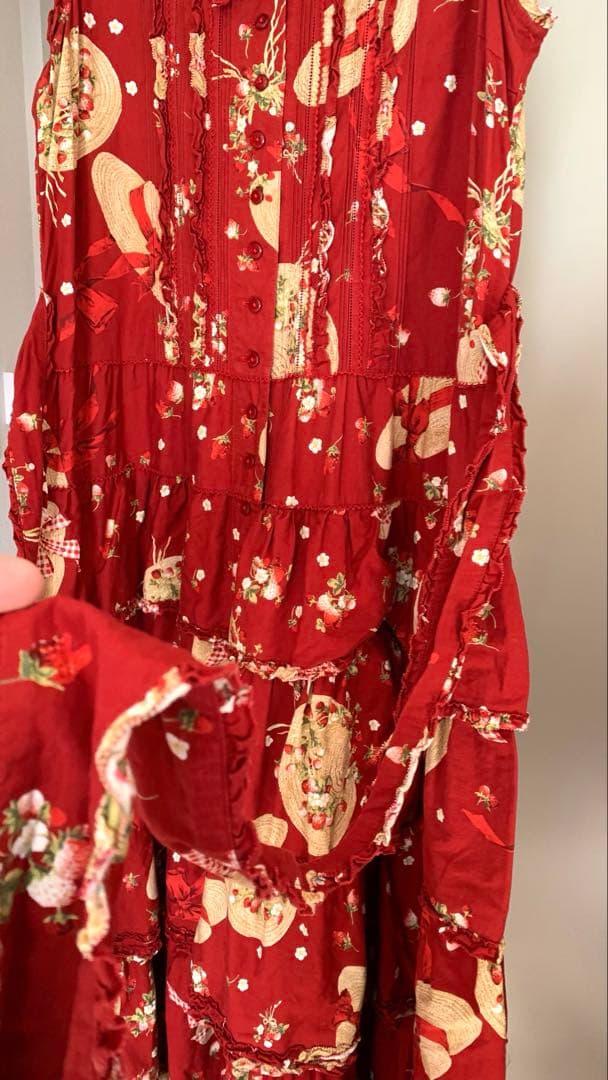 週末値下◆ピンクハウス◆ストロベリーハット　プリント ティアードワンピース　赤