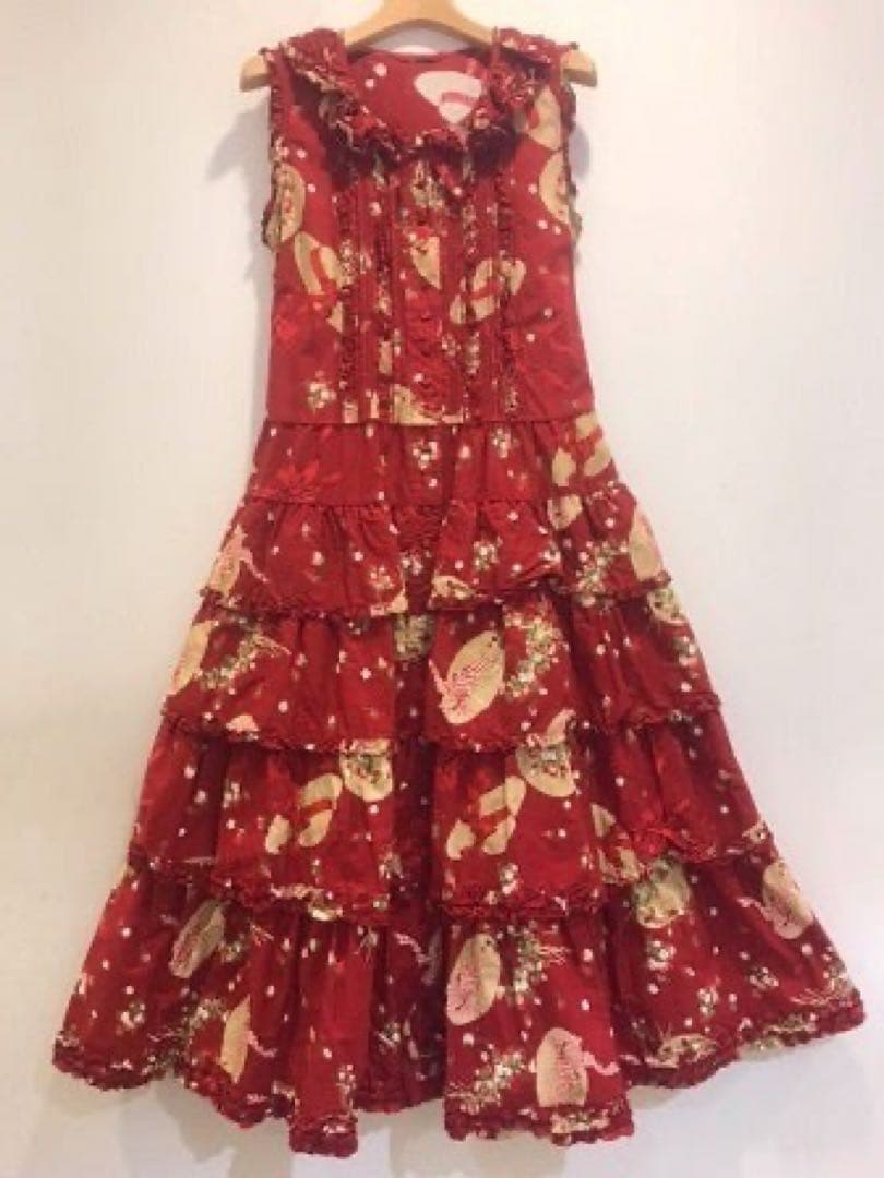 週末値下◆ピンクハウス◆ストロベリーハット　プリント ティアードワンピース　赤