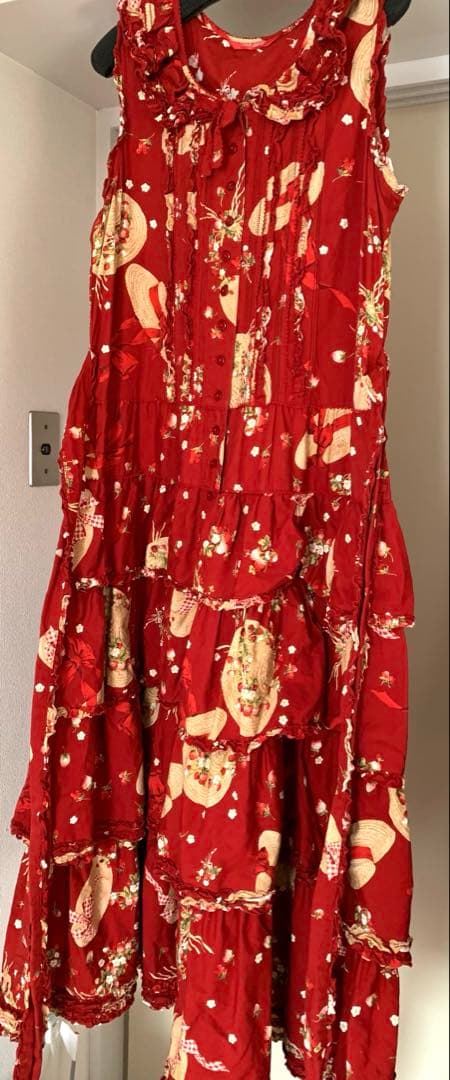 週末値下◆ピンクハウス◆ストロベリーハット　プリント ティアードワンピース　赤