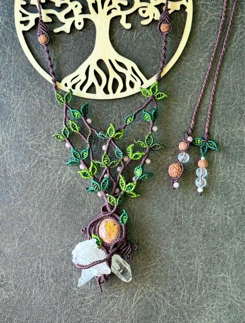 専用☆カンテラオパール＆水晶クラスター生命の樹マクラメ編みネックレス♡