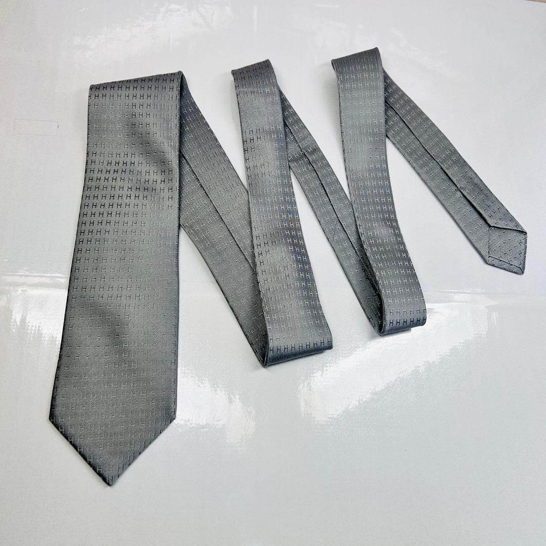 HERMES エルメス 美品 ネクタイ ファソネ H柄 H織 人気 刺繍 グレー