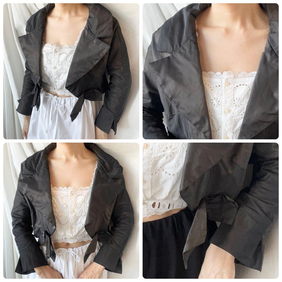 つっきー イタリア製ヴィンテージ 裾リボン クロップド丈パテッドジャケット