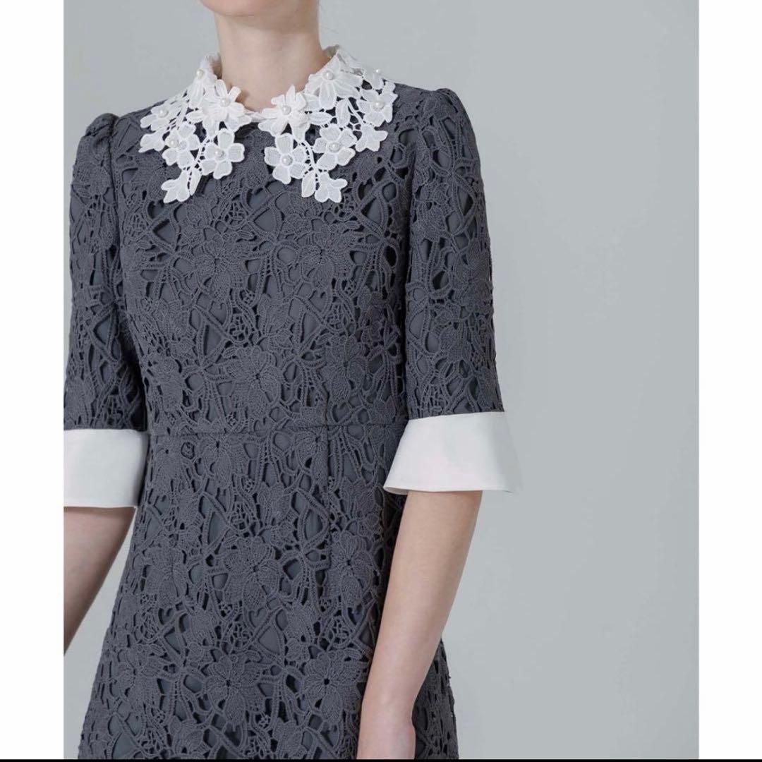 【LEJA】花柄レースカラー スパンコール刺繍 Aラインフレアドレス ワンピース