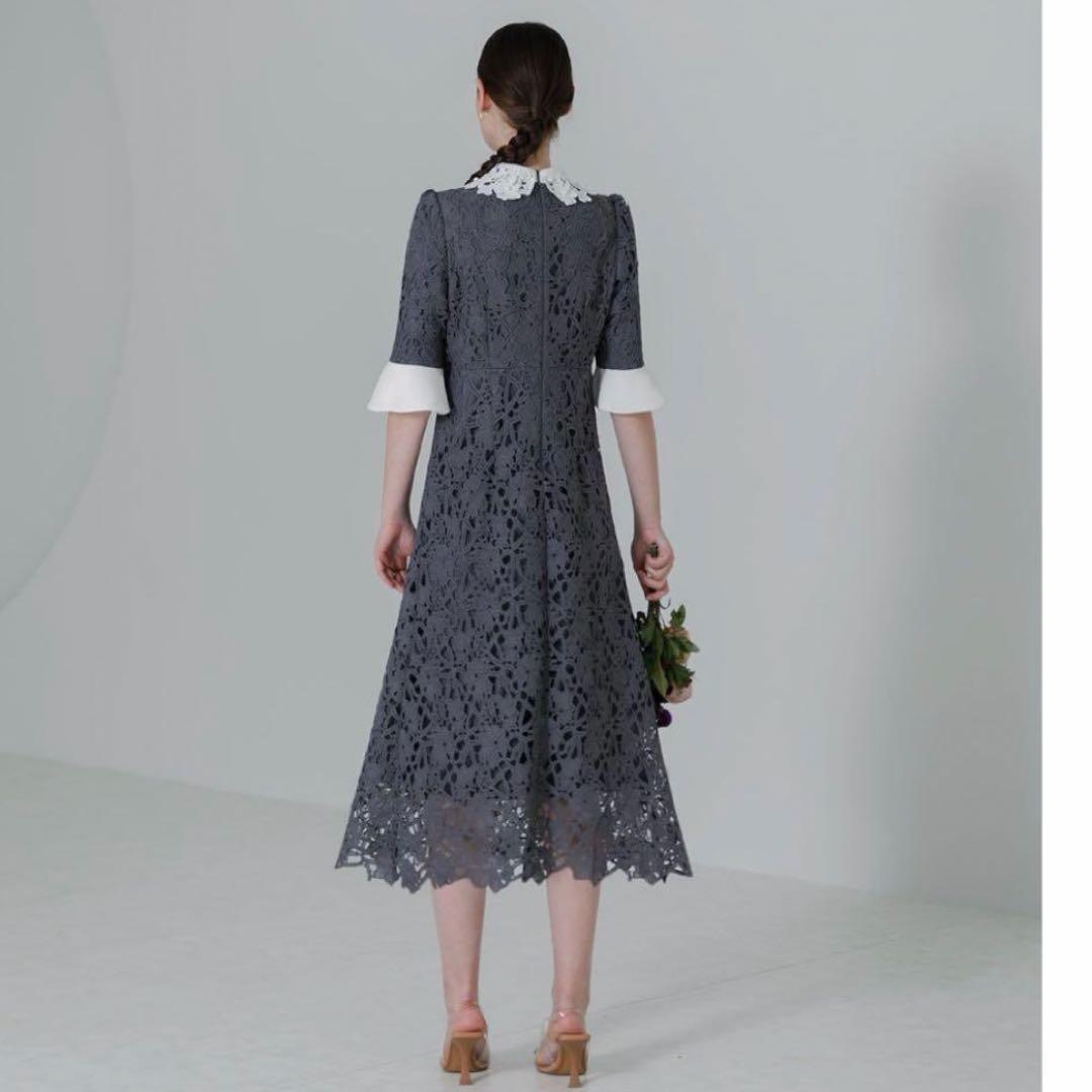 【LEJA】花柄レースカラー スパンコール刺繍 Aラインフレアドレス ワンピース