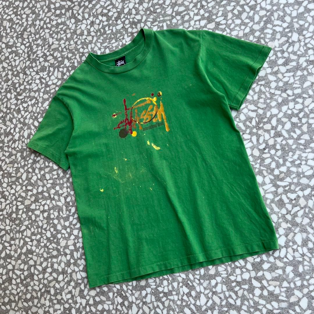 【90年代アメリカ製、ペイントデザイン】stussyストリートTシャツ古着緑M