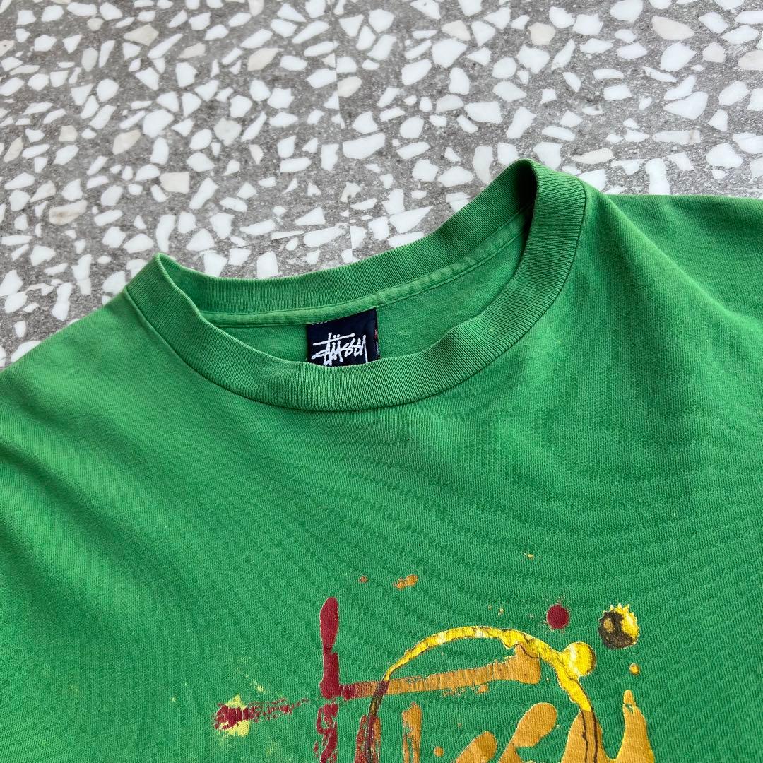 【90年代アメリカ製、ペイントデザイン】stussyストリートTシャツ古着緑M