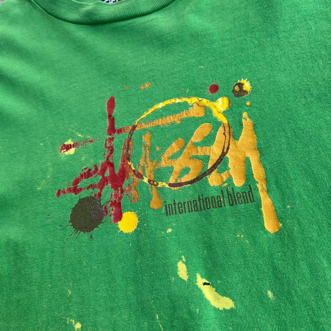 【90年代アメリカ製、ペイントデザイン】stussyストリートTシャツ古着緑M