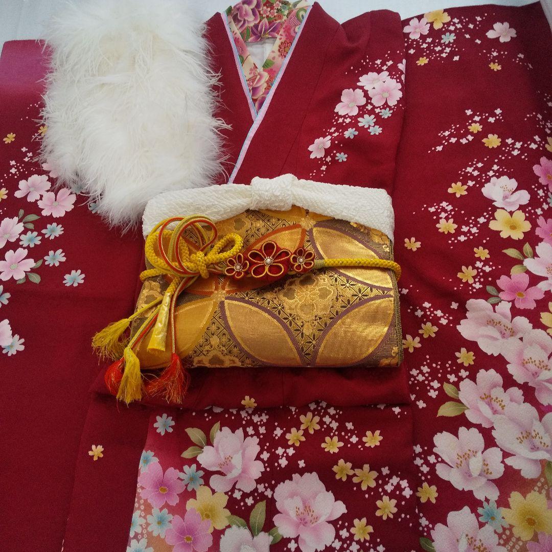 みみ 赤ピンク正絹振袖6点セット袋帯帯締め帯揚げ半襟重ね襟成人式卒業式等