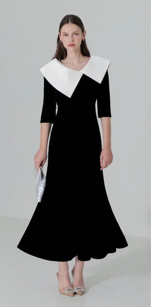 Leja 配色アシンメトリービッグカラーベロアマーメイドシルエットドレス