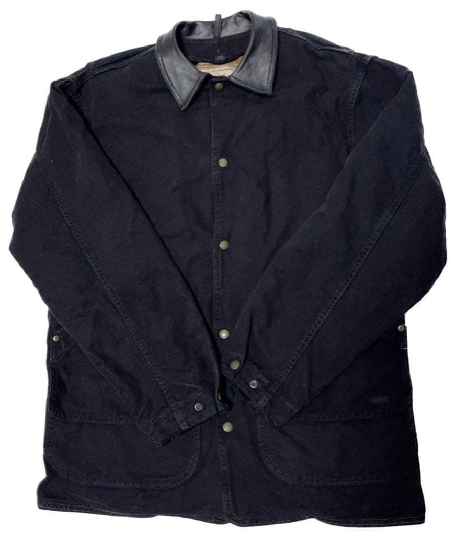 Woolrichブラック コットンダック カバーオール レザー襟 USA製