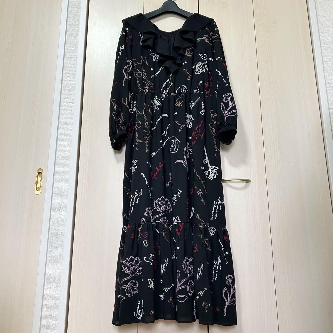 22AW♡グレースコンチネンタル 刺繍ラッフルフリルワンピース 36 総柄