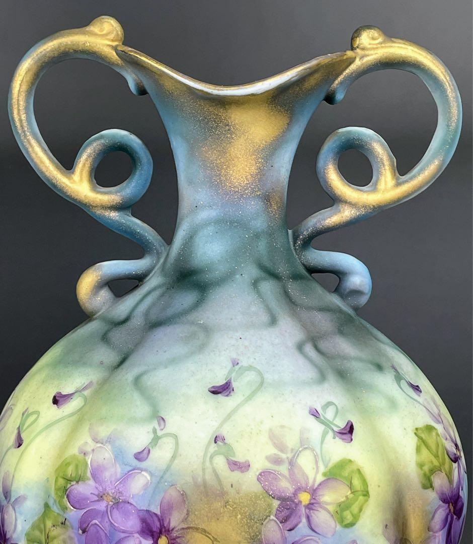 【希少】オールドノリタケ 焼き付け金彩 スミレ紋 花瓶 金釉の霧吹き 金彩ミスト