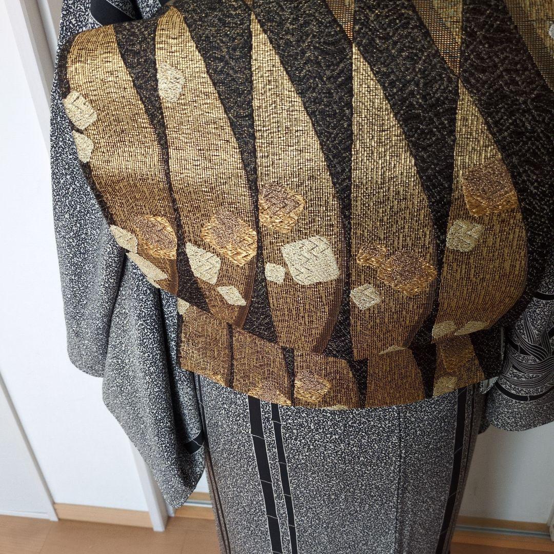 訪問着 グレー系 竹笹模様　袋帯セット