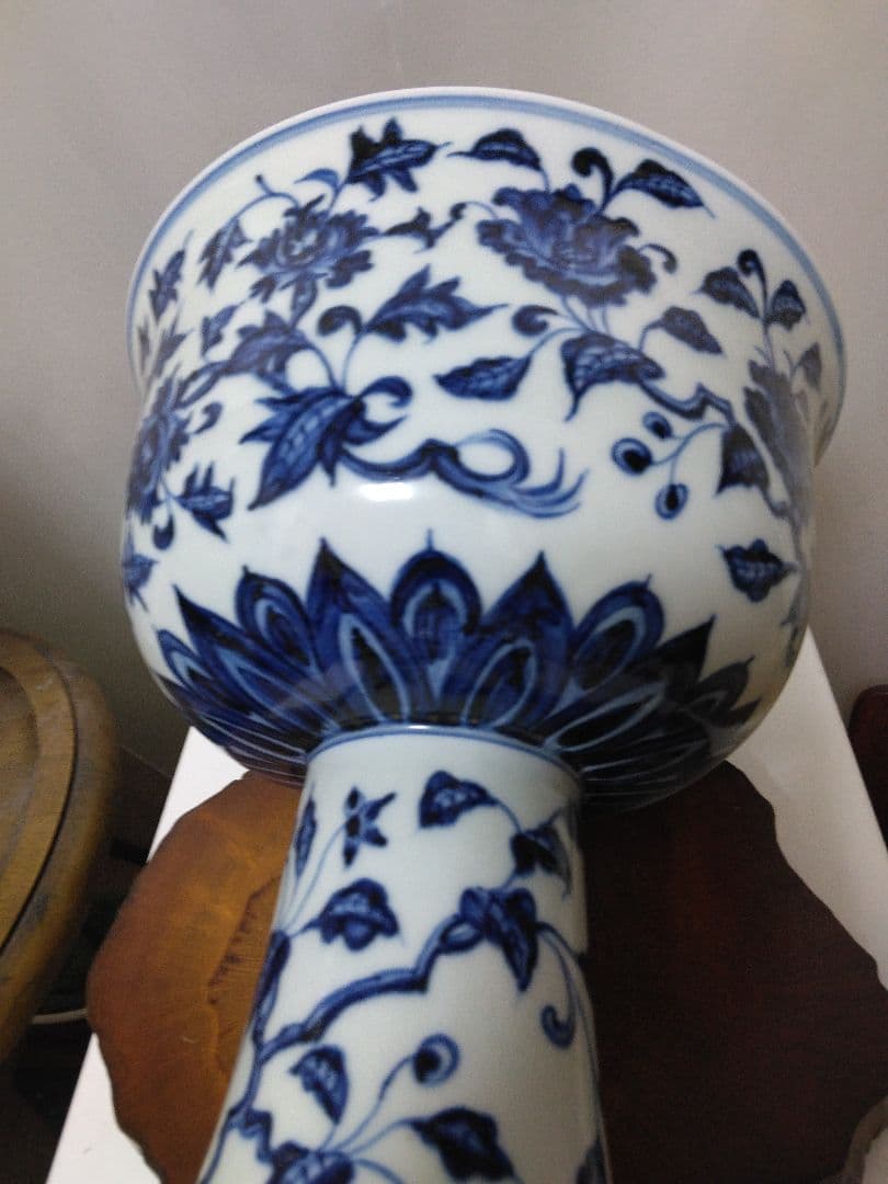 中国美術青花牡丹紋高足碗