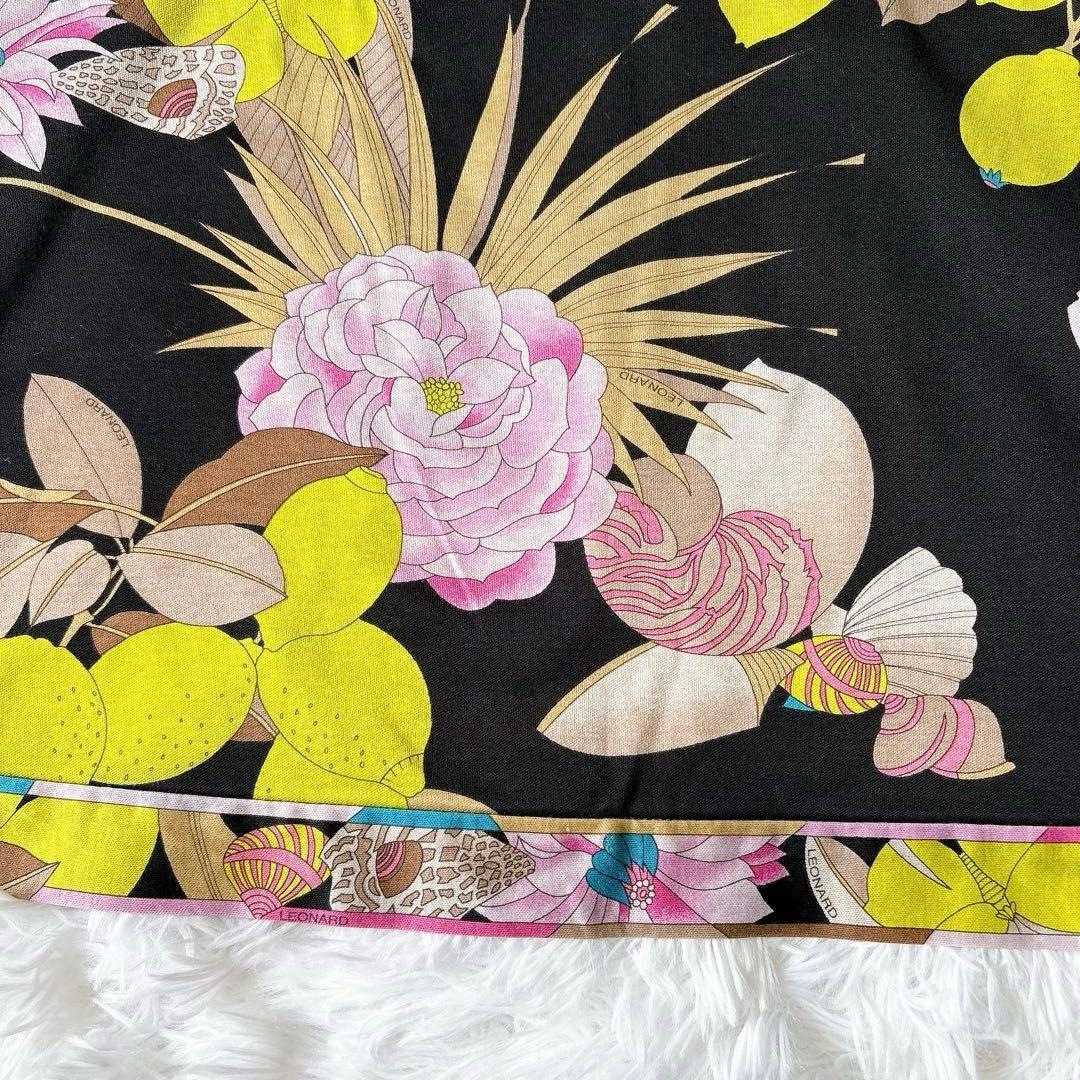 レオナール 花柄 カットソー ブラック コットン100 2XL 鳥 蝶 日本製