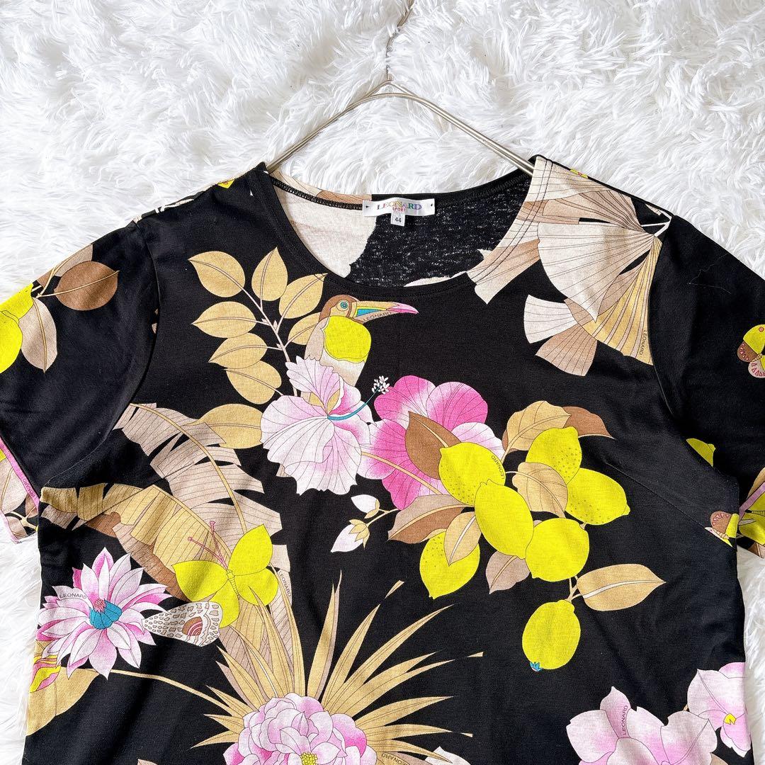 レオナール 花柄 カットソー ブラック コットン100 2XL 鳥 蝶 日本製
