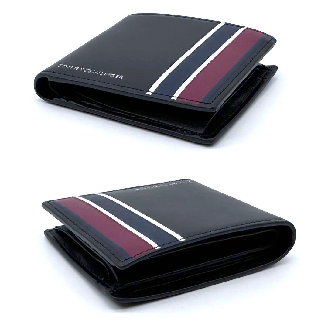 未使用✨トミーヒルフィガー 2つ折り財布 ウォレット ブラック ストライプ 牛革