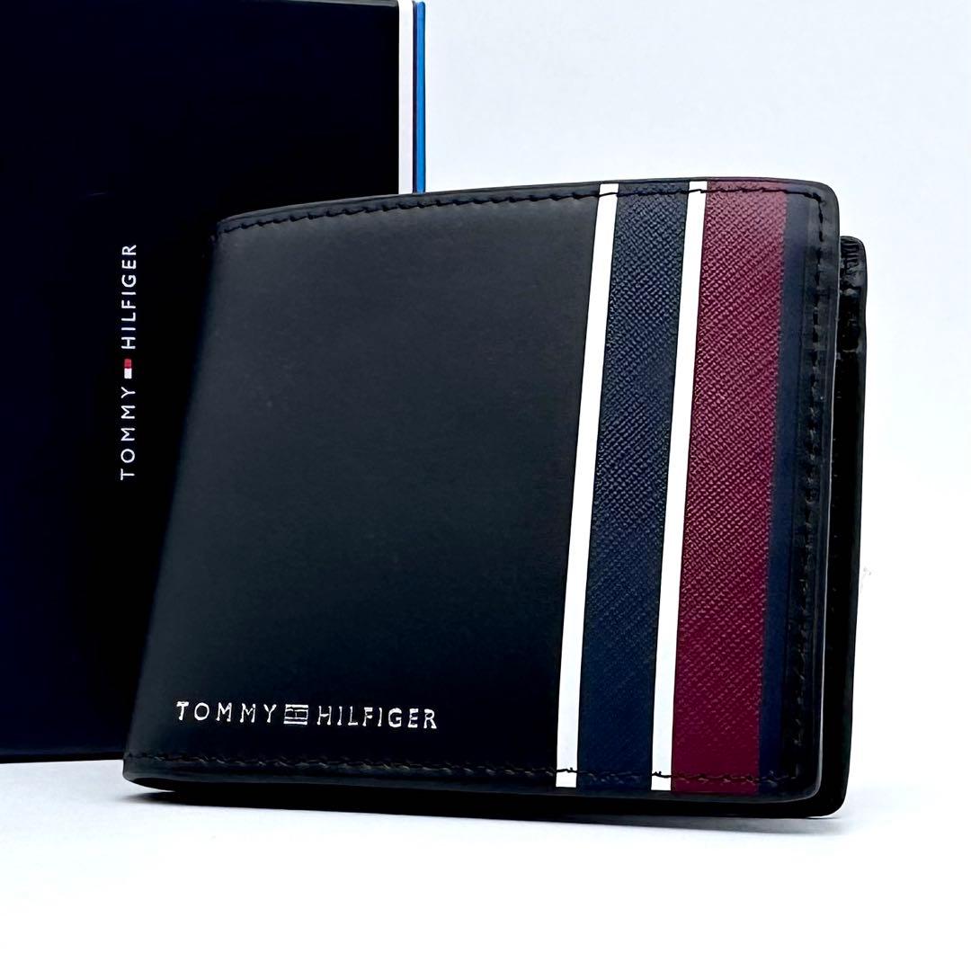 未使用✨トミーヒルフィガー 2つ折り財布 ウォレット ブラック ストライプ 牛革