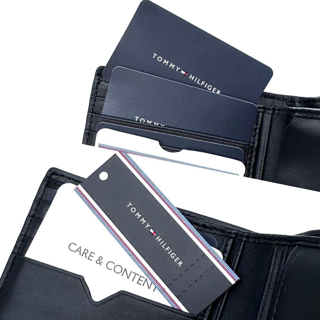 未使用✨トミーヒルフィガー 2つ折り財布 ウォレット ブラック ストライプ 牛革