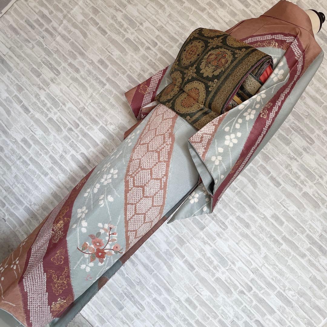 訪問着+長襦袢　フルセット　桜　相良刺繍　絞り　亀甲紋様　入学式　卒業式　Q5