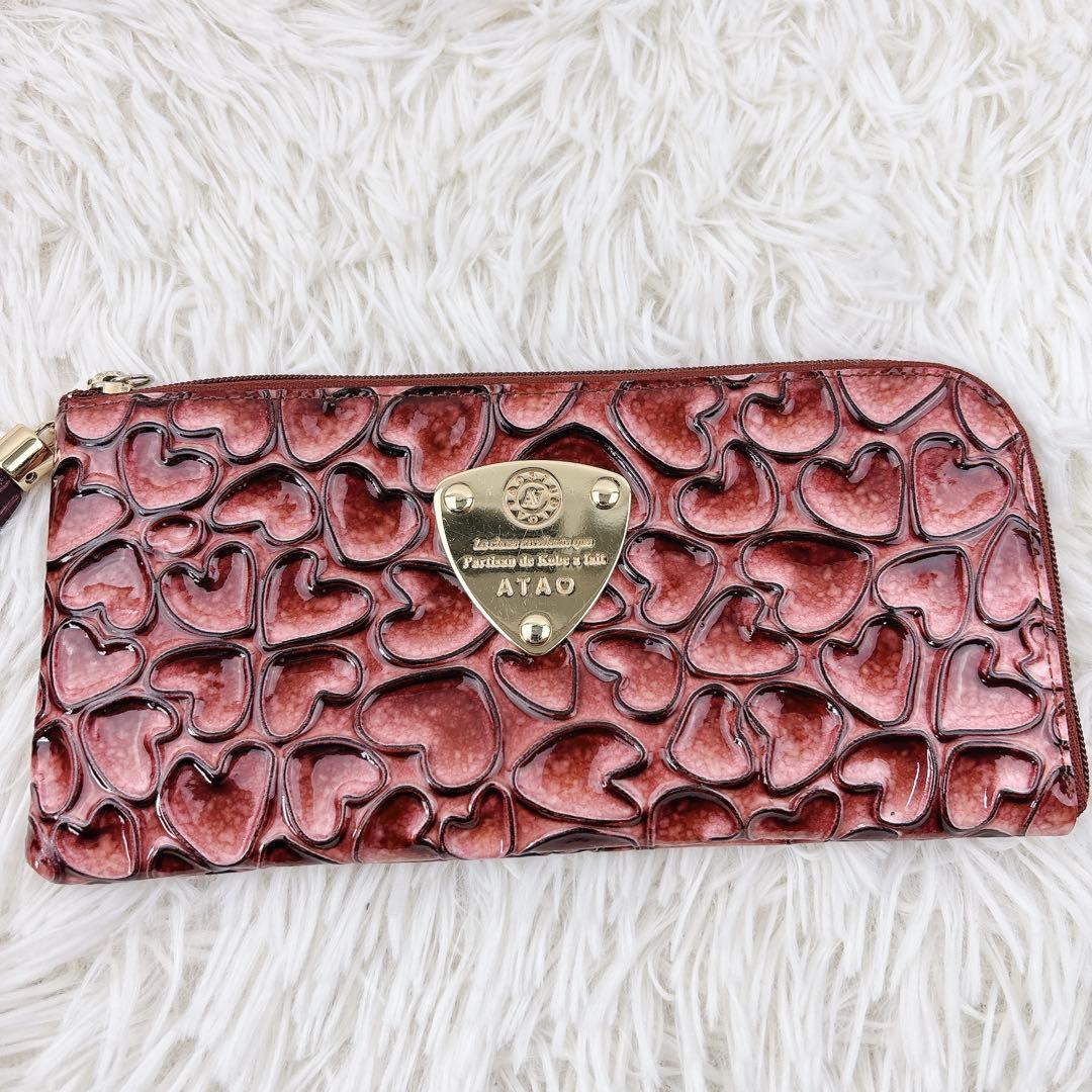 美品✨ATAO アタオ ハート型押しエナメル長財布 ピンク 箱付