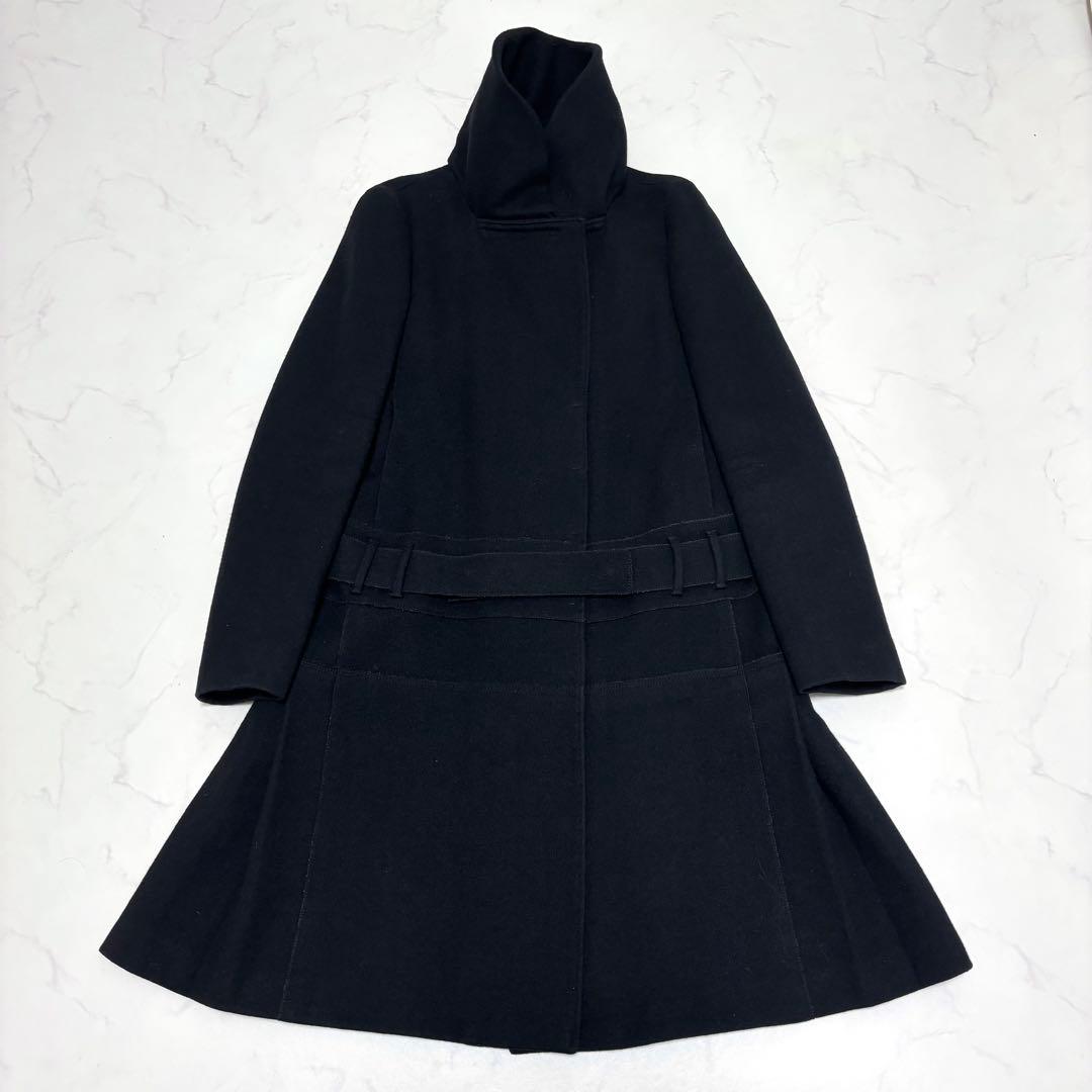 【正規品】プラダ ウール ロングコート 黒 スタンドカラー タック モード系 L
