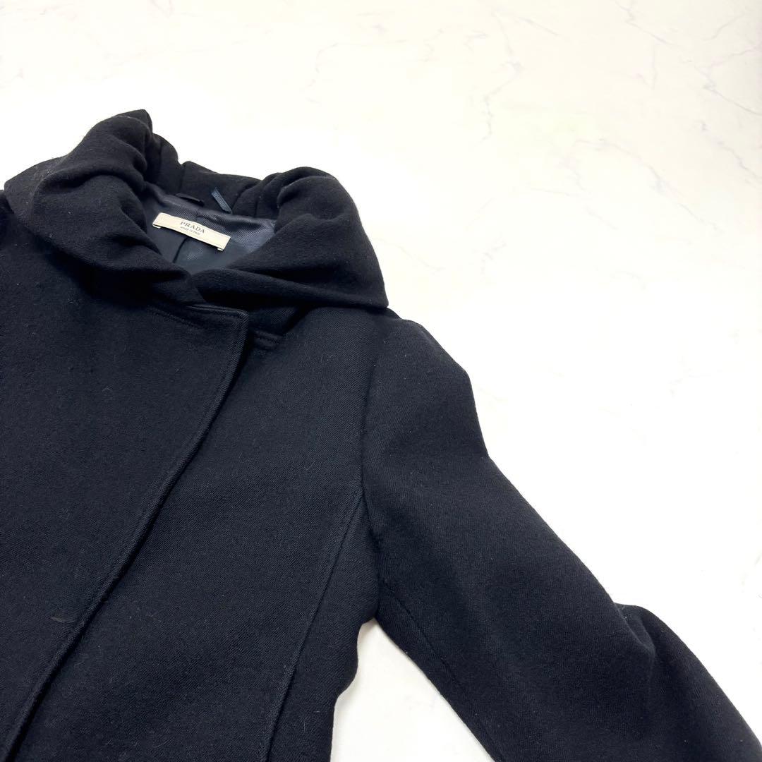 【正規品】プラダ ウール ロングコート 黒 スタンドカラー タック モード系 L