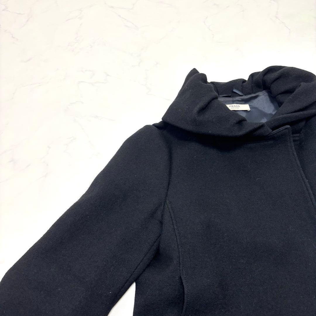【正規品】プラダ ウール ロングコート 黒 スタンドカラー タック モード系 L