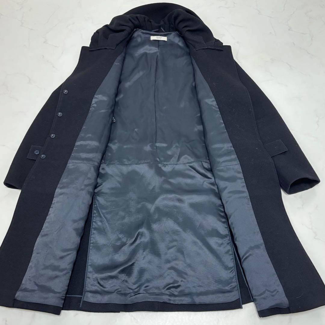 【正規品】プラダ ウール ロングコート 黒 スタンドカラー タック モード系 L