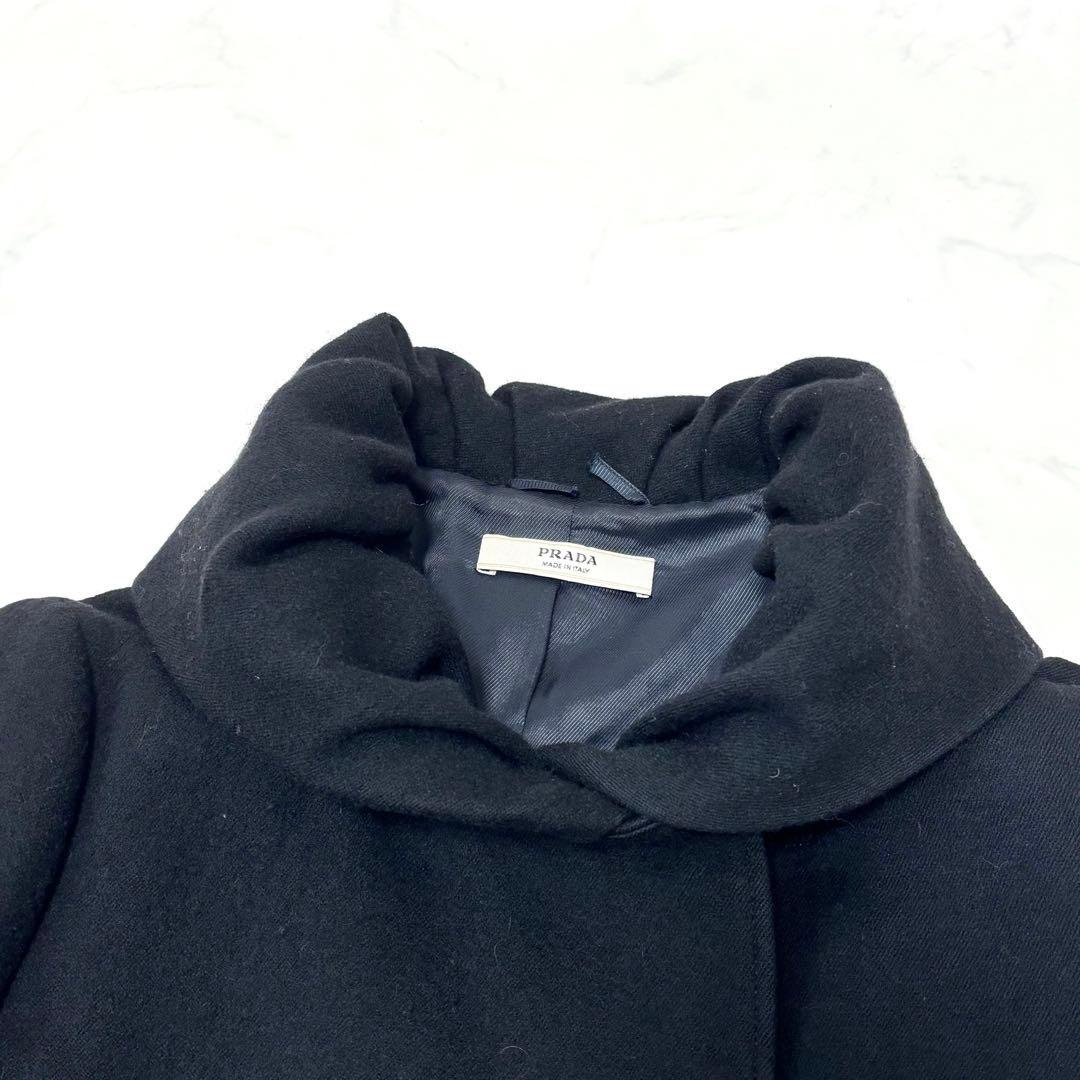 【正規品】プラダ ウール ロングコート 黒 スタンドカラー タック モード系 L