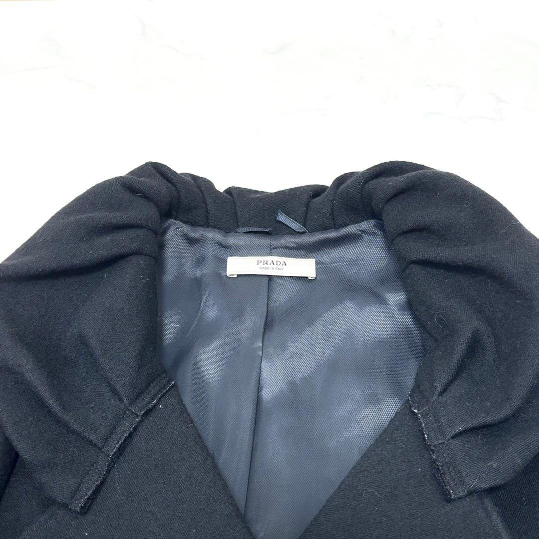 【正規品】プラダ ウール ロングコート 黒 スタンドカラー タック モード系 L