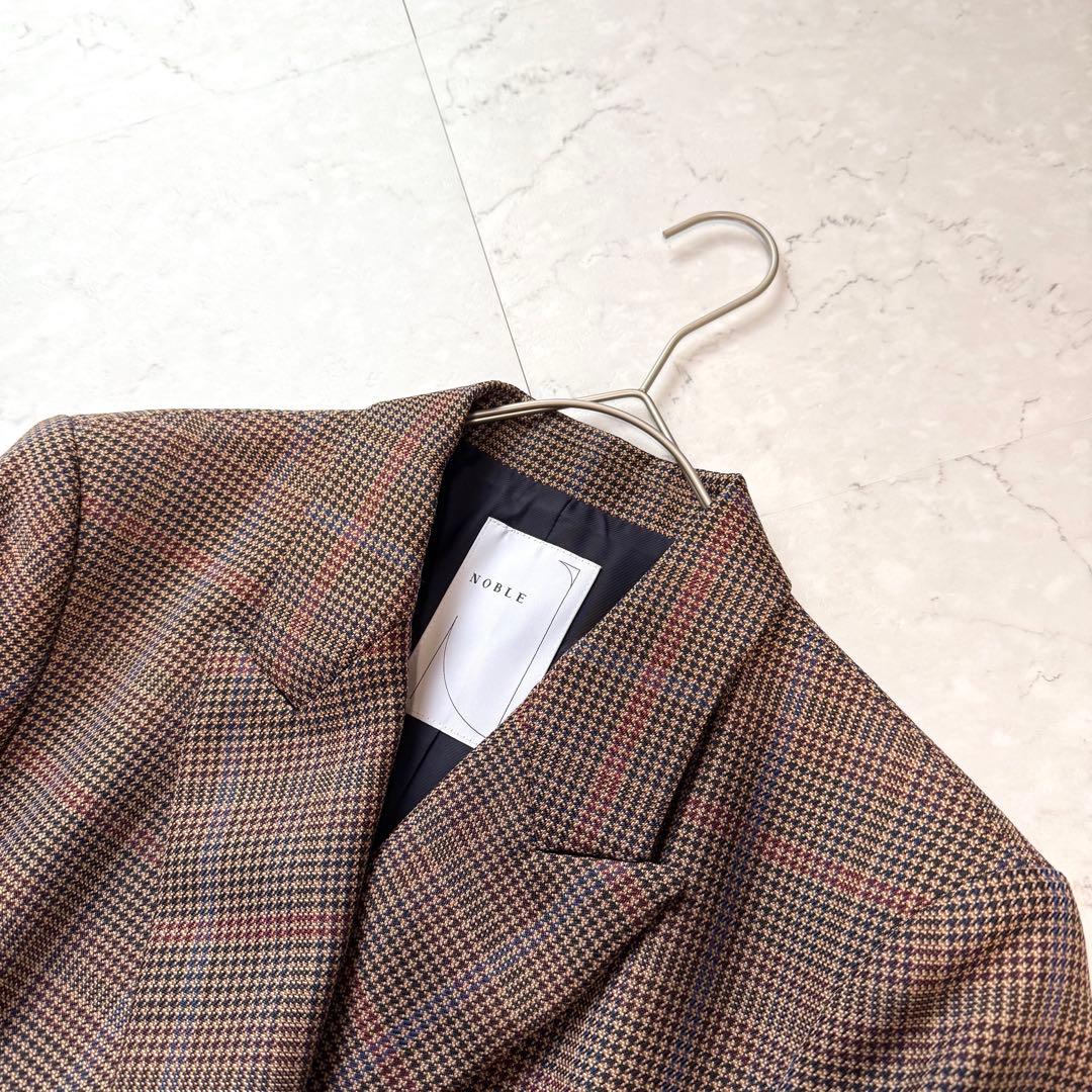 美品 NOBLE チェックピークドロングジャケット 38 ブラウン