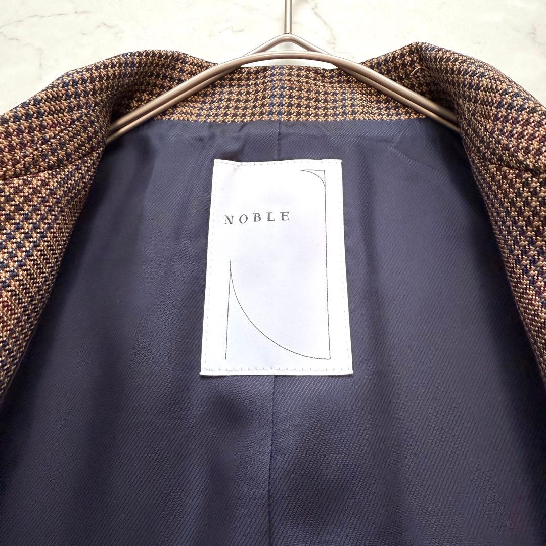 美品 NOBLE チェックピークドロングジャケット 38 ブラウン