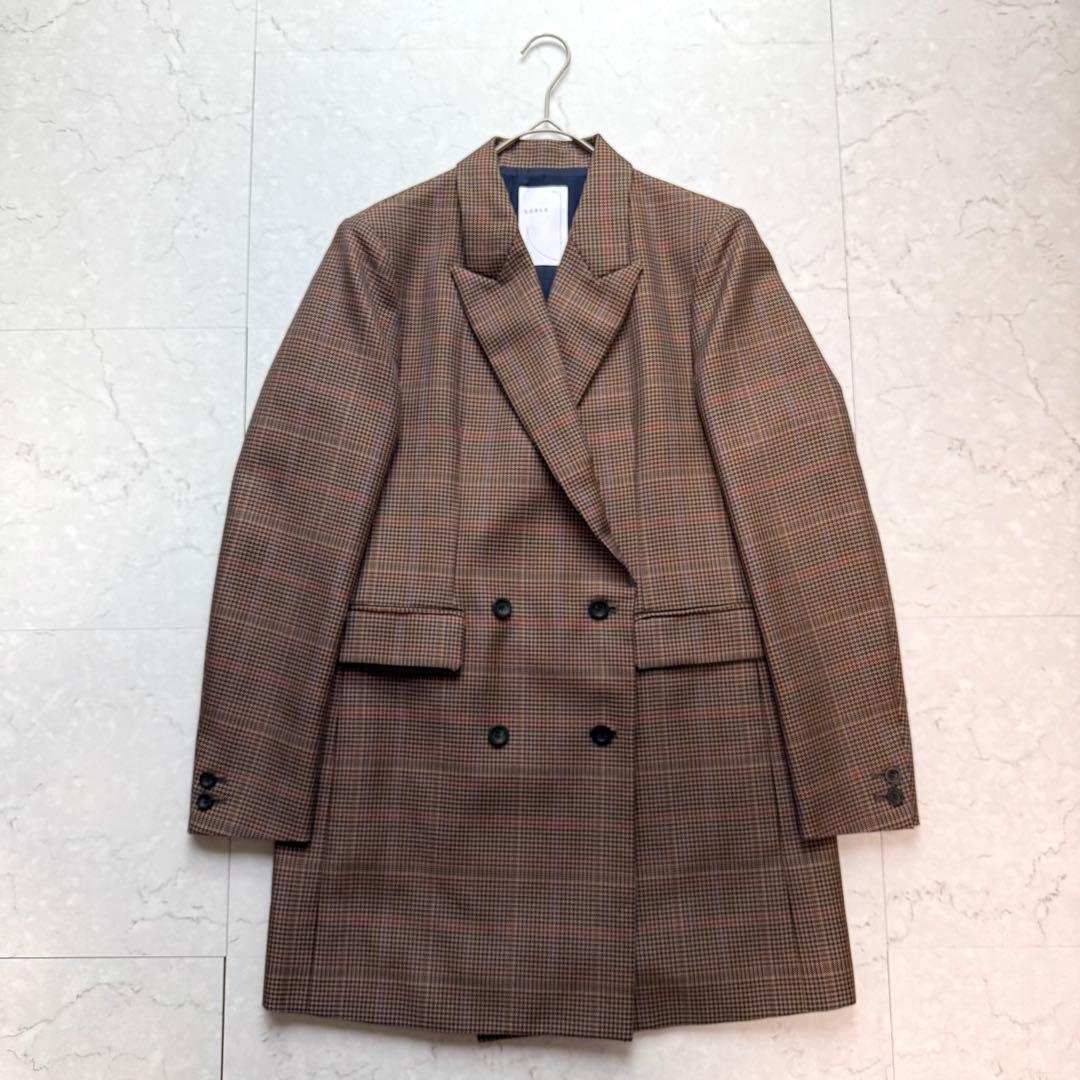 美品 NOBLE チェックピークドロングジャケット 38 ブラウン
